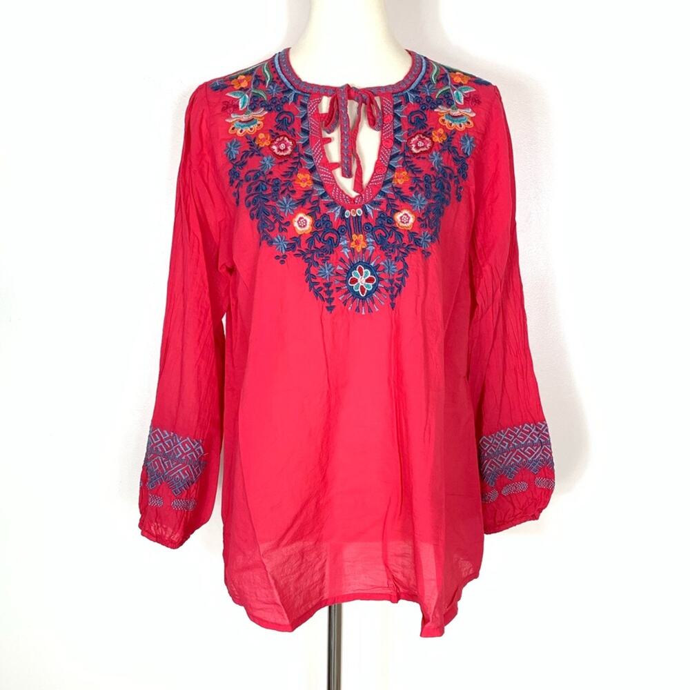Johnny Was Pink Chelsee Tunic Blouse Cotton Small Floral Embroidered Boho Top